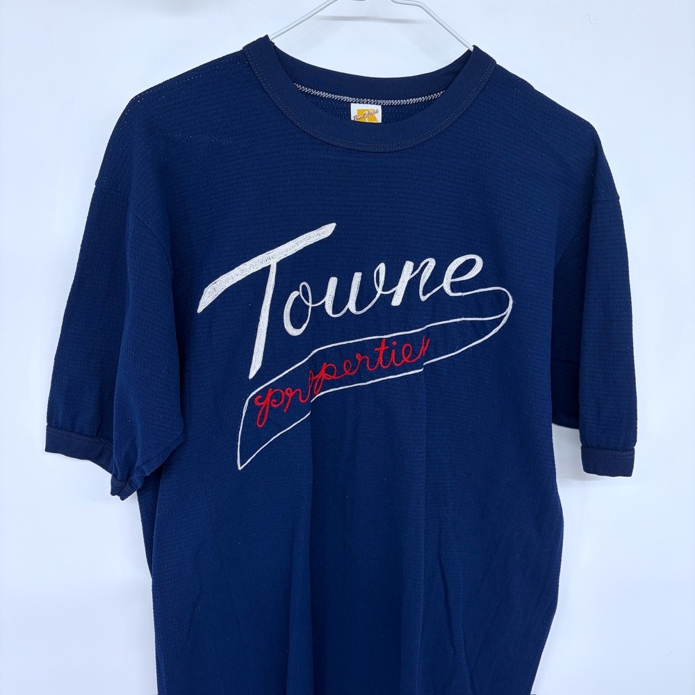 Vintage 70s Russell Athletic Embroidered Mesh Jersey Shirt Large Navy Blue - Picture 2 of 6